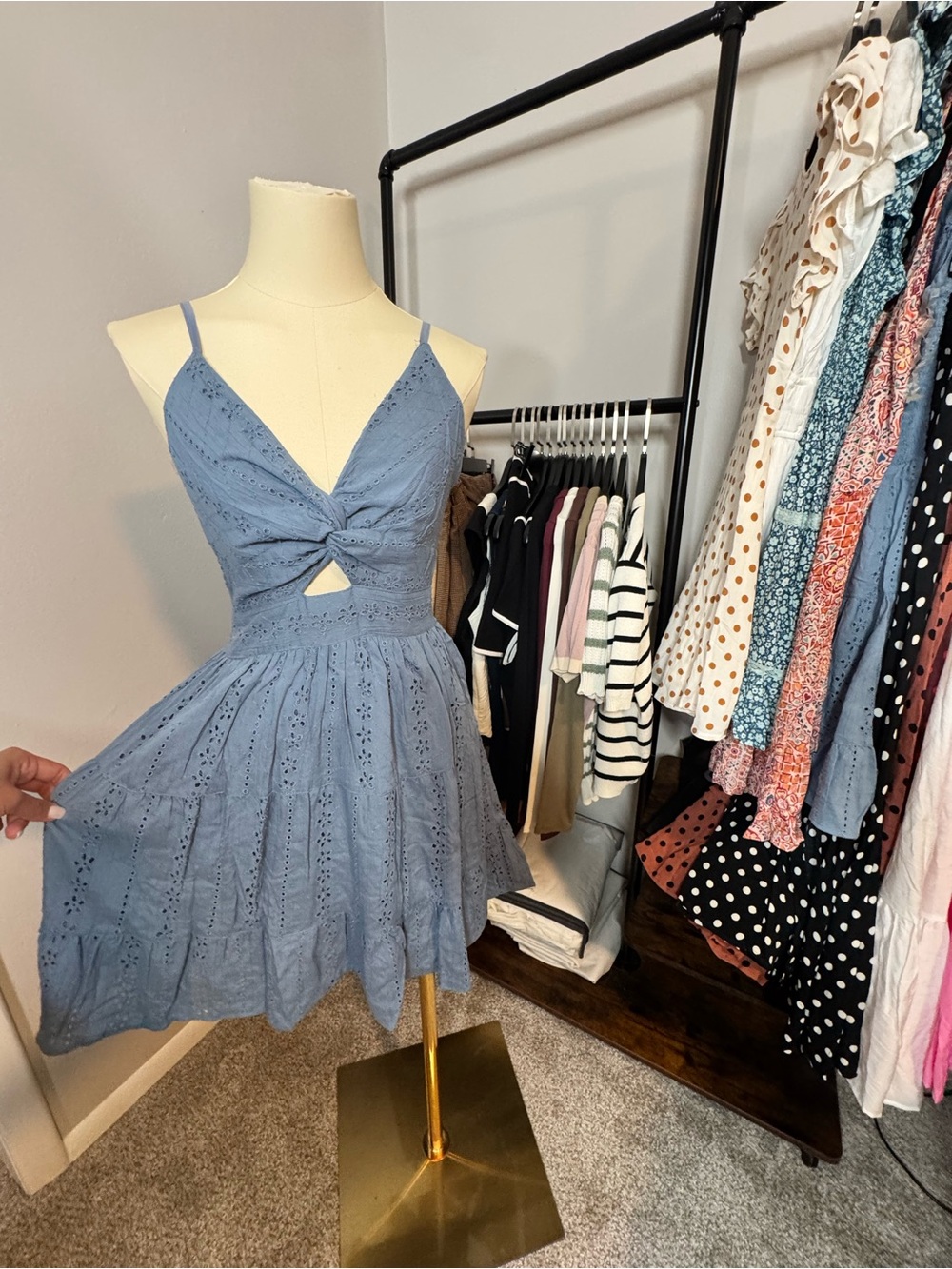 Angie Dusty Blue Eyelet Mini Dress